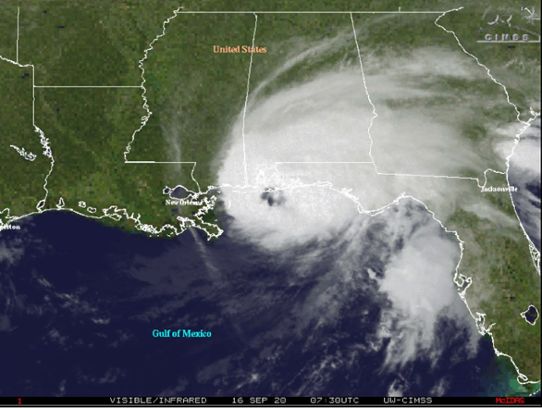 Satellitbild över den tropiska orkanen Sally som drog in över södra USA den 16 september.