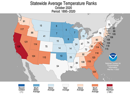 Bilden visar rankingen av hur varm respektive kall oktober var i USA. Kallast=1 och varmast=126.