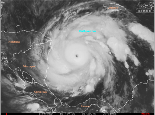 Satellitbild över den tropiska orkanen Iota på måndag morgon den 16 november.