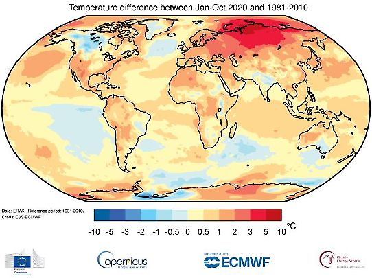 Karta med temperaturavvikelse i världen januari-oktober 2020, där rödare färg är varmare än normalt och blåare färg är kallare än normalt