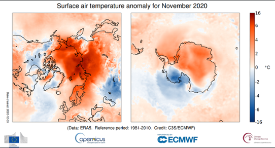 Temperaturanomali i polarområden i november 2020