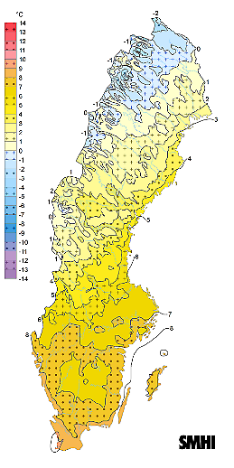 Årsmedeltemperatur för Sverige för normalperioden 1991-2020.
