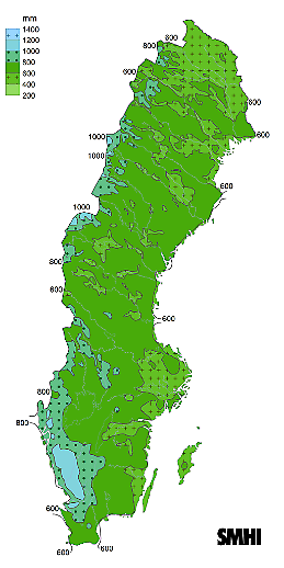 Årsnederbörd för Sverige för normalperioden 1991-2020.