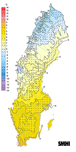 Preliminär årsmedeltemperatur för Sverige för normalperioden 1961-1990.