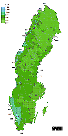 Årsnederbörd för Sverige för normalperioden 1961-1990.