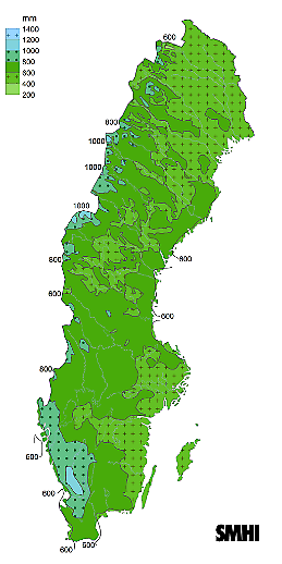 Preliminär årsnederbörd för Sverige för normalperioden 1971-2000.