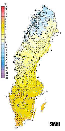 Årsmedeltemperatur för Sverige för normalperioden 1981-2010.