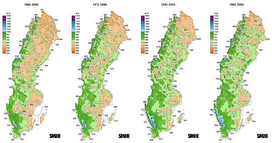 Kartorna visar årsnederbörden i Sverige för normalperioderna 1961-1990, 1971-2000, 1981-2010 och 1991-2020.