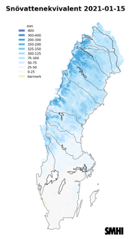 Karta över snötäckets beräknade vattenvärde 15 januari 2021. 