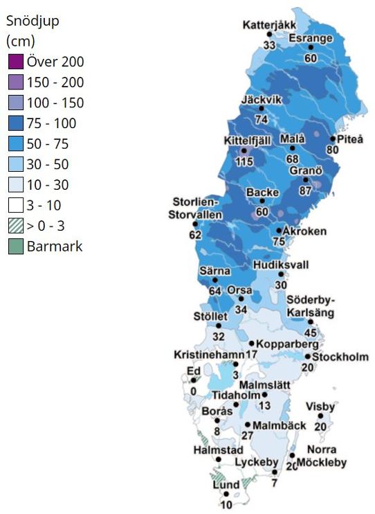 Snödjupet i centimeter för ett antal stationer runt om i landet den 8 februari 2021.