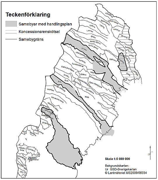 Illustrerad karta över fyra samebyar i norra Sverige