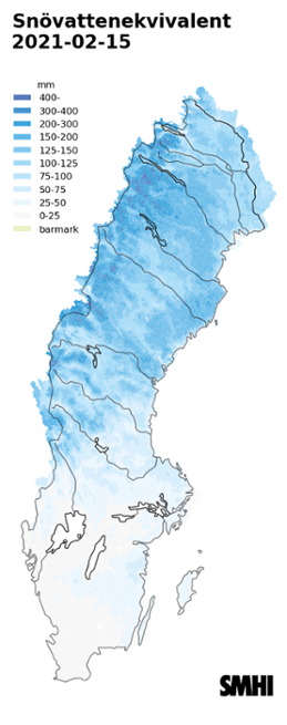 Karta över snötäckets beräknade vattenvärde 15 februari 2021. 