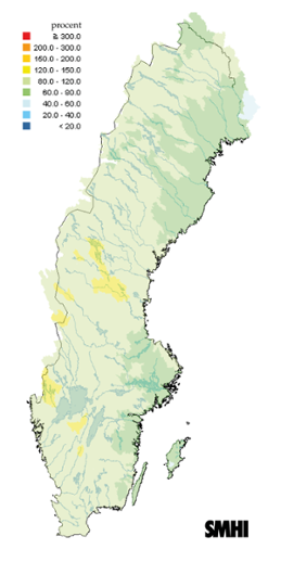 Karta över beräknade markvattenhalt i procent av den normala, 15 juni 2011