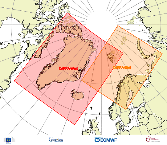 Karta över Arktis med de två markerade områden som återanalysen omfattar