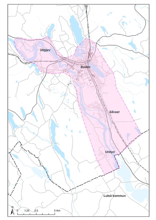 Karta över Bodens kommuns utvecklingsområde mot Luleå