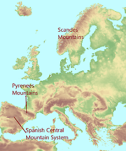 Map of Europe with Scandes, Pyrenees and Spanish mountain areas poited out