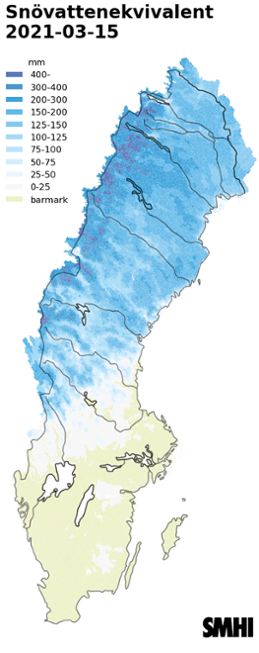 Karta över snötäckets beräknade vattenvärde 15 mars 2021. 