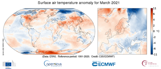 Global temperaturanomali (vänster bild) i mars 2021 samt för Europa (höger bild). 
