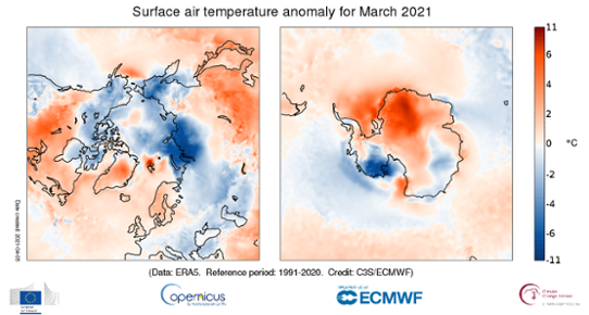 Temperaturavvikelsen i mars 2021 för Arktis (vänster bild) och Antarktis (höger bild).