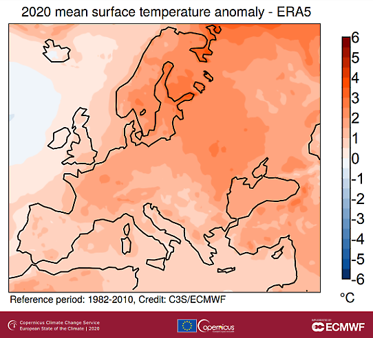 Karta över temperaturanomalier i Europa 2020. 