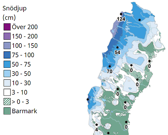 Karta över norra Sverige som visar aktuellt snödjup