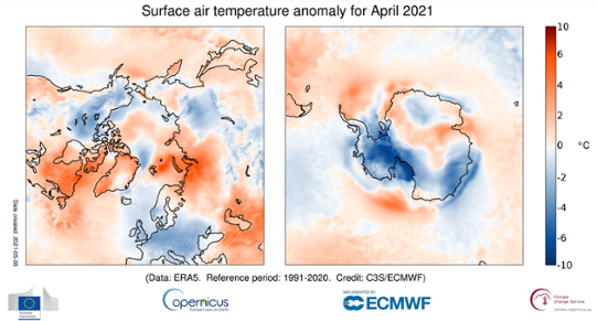 Temperaturanomali i polarområden april 2021