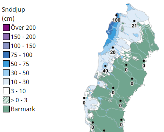 Karta över norra Sverige som visar var snön finns kvar.