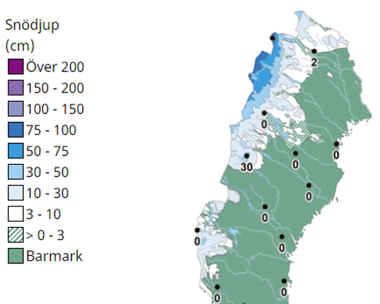 Karta som visar aktuellt snödjup i norra Sverige