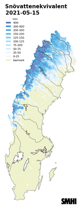 Karta över snötäckets beräknade vattenvärde 15 maj 2021. 