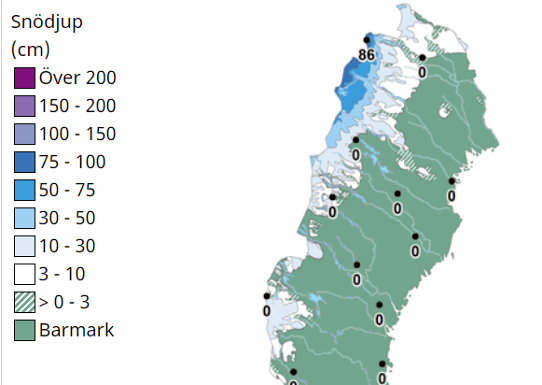 Karta över norra Sverige som visar i olika nyanser var det finns snö kvar