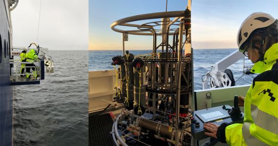 Collage av tre bilder från ett forskningsfartyg där besättningen tar prover av olika slag.