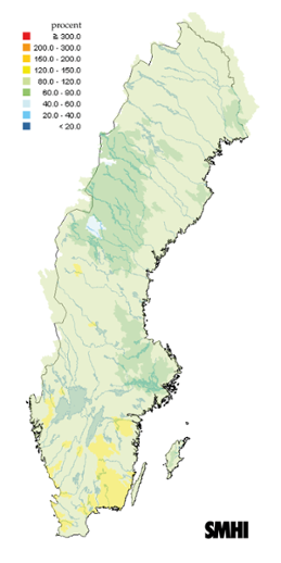 Karta över beräknade markvattenhalt i procent av den normala, 15 juli 2011