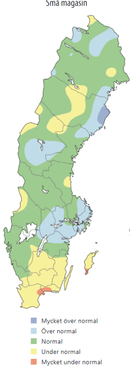 Karta över grundvattensituationen i små magasin, 29 juni 2021 enligt SGU. 