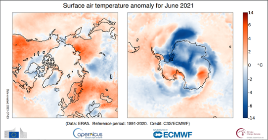Temperaturanomali i polarområden i juni 2021