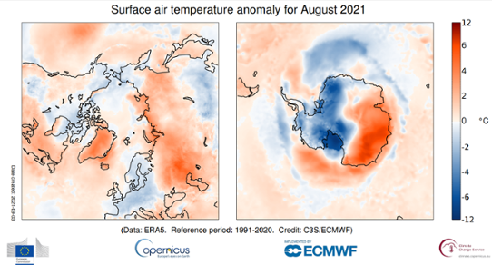 Temperaturanomali i polära områden i augusti 2021
