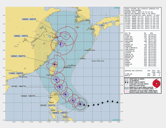 Prognoserad bana för den tropiska orkanen Chanthu utfärdad den 9 september klockan 11 svensk tid.