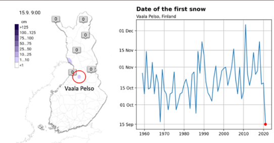 Kartan till vänster visar var snödjup uppmätts i Finland medan den högra visar datumet för säsongens första snödjup i Vaala Pelso.