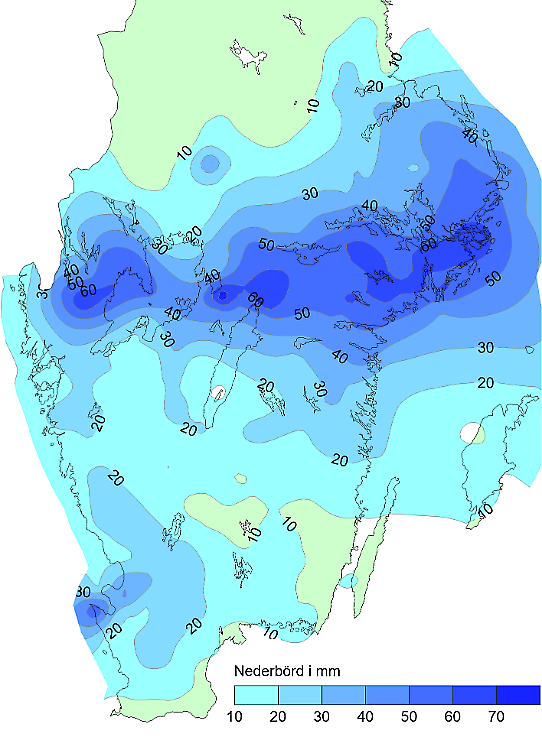 Karta över södra Sverige som visar hur många mm regn som fallit i en färgskala som visar det intensiva regnandet i Mälardalen och runt omkring.