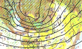 Bilden visar en prognoskarta över stormen Gudrun, 8 jan 2005