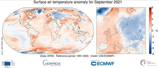 Global temperaturanomali (vänster bild) i september 2021 samt för Europa (höger bild). Avvikelserna avser normalperioden 1991-2020.