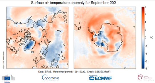 Temperaturavvikelse i september 2021 för Arktis (vänster bild) och Antarktis (höger bild) relativt normalperioden 1991-2020. 