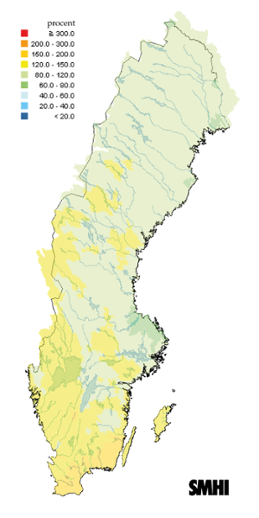 Karta över beräknade markvattenhalt i procent av den normala, 15 augusti 2011