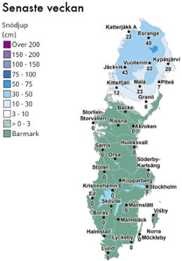 Snödjupskarta för Sverige den 28 oktober 2021.