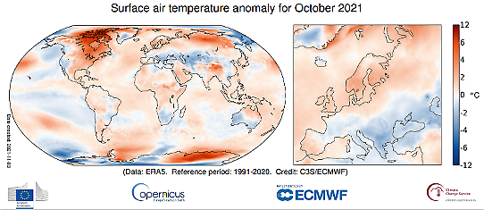 Global temperaturanomali i oktober 2021