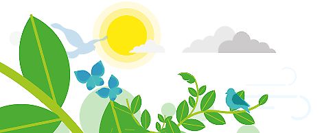 Grafisk illustration - sol, moln, gren med löv, fåglar och fjärilar.