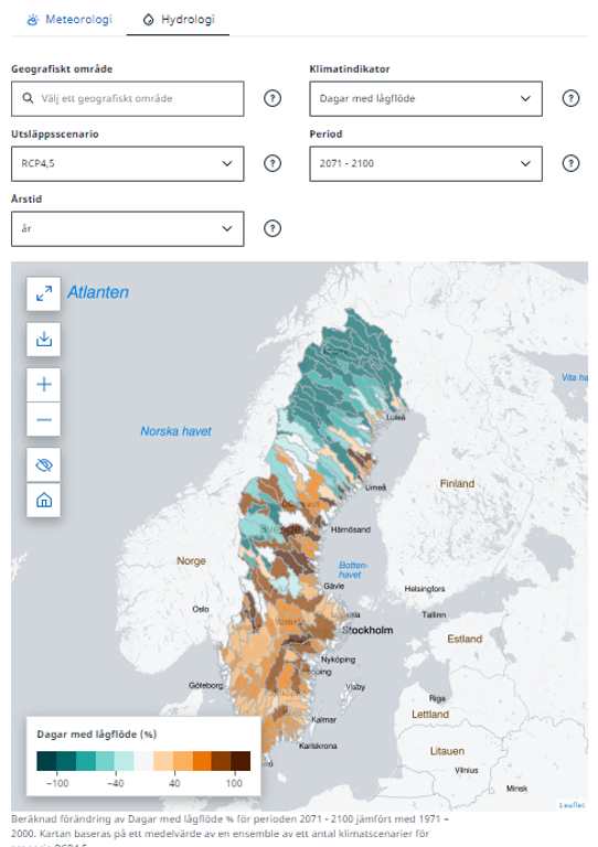 Karta över Sverige som visar SMHIs fördjupade klimatscenariotjänst