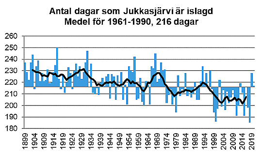 Perioden med is i sjön Jukkasjärvi har blivit kortare de senaste 20 åren, diagram.