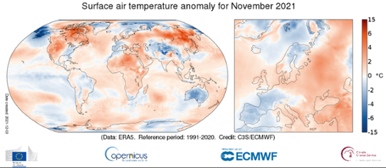 Global temperaturanomali (vänster bild) i november 2021 samt för Europa (höger bild).