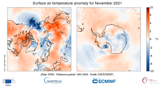 Temperaturavvikelse i november 2021 för Arktis (vänster bild) och Antarktis (höger bild) relativt normalperioden 1991-2020.