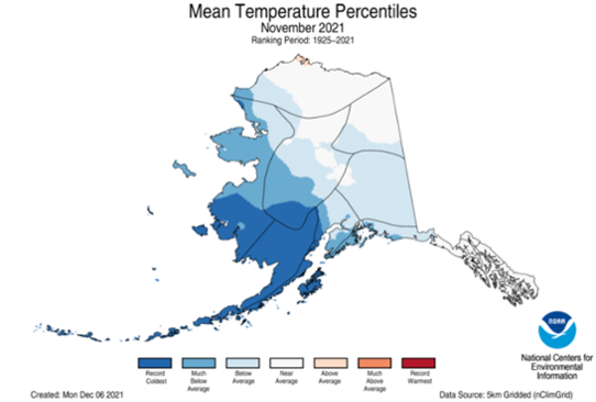 Temperaturklassificering av november 2021 för Alaska.